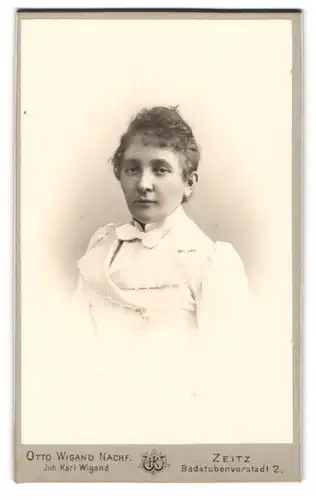 Fotografie Otto Wigand, Zeitz, Dame im Kleid mit Puffärmeln und Schleife, Anna 1901