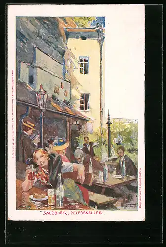 Künstler-AK Salzburg, Gasthof Peterskeller, Garten