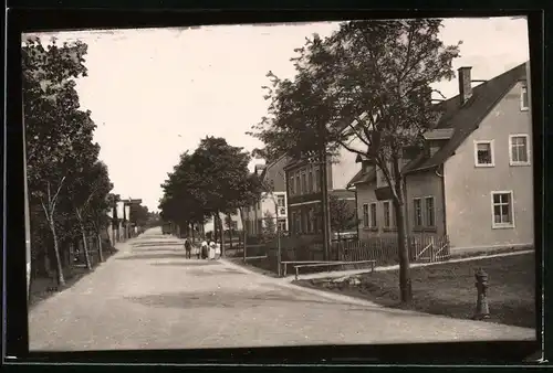 Fotografie Brück & Sohn Meissen, Ansicht Reitzenhain i. Erzg., Blick in die Bahnhofstrasse mit Wohnhäusern, Hydrant