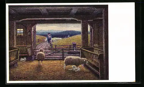 Künstler-AK Josef Madlener: Mann mit Schäflein bei der Heimkehr