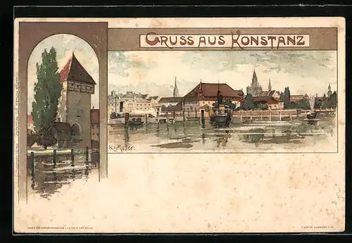 Künstler-AK Karl Mutter: Konstanz, Uferpartie, Turm