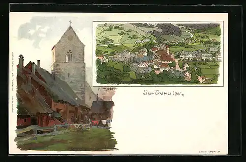 Künstler-AK Karl Mutter: Schönau i. W., Teilansicht, Ortspartie mit Turm