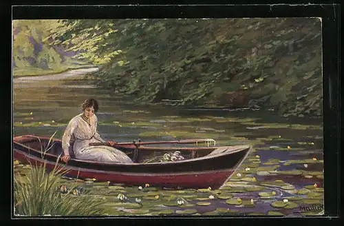 Künstler-AK Alfred Mailick: Frau im Boot und Wasserrosen
