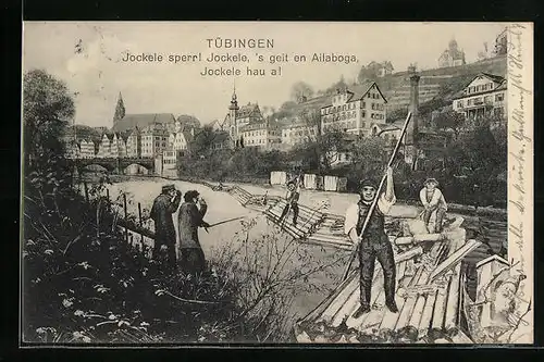 AK Tübingen, Uferpartie mit Flössern, Forstwirtschaft