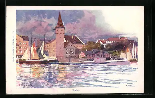 Künstler-AK Franz Kopallik: Lindau, Uferpartie mit Dampfer