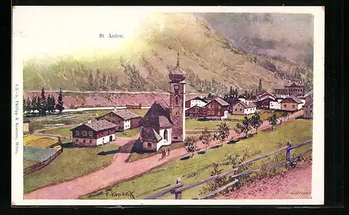 Künstler-AK Franz Kopallik: St. Anton, Teilansicht mit Kirche