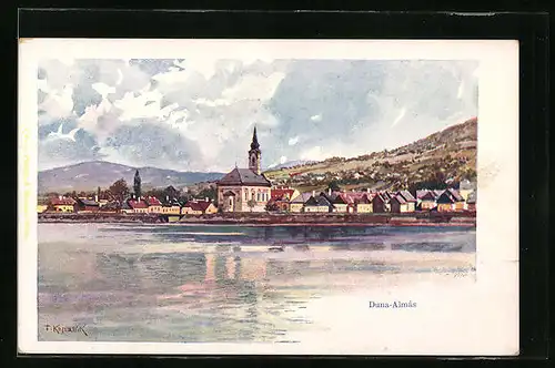 Künstler-AK Franz Kopallik: Duna-Almás, Uferpartie mit Kirche