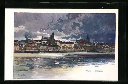 Künstler-AK Franz Kopallik: Waitzen, Teilansicht am Abend