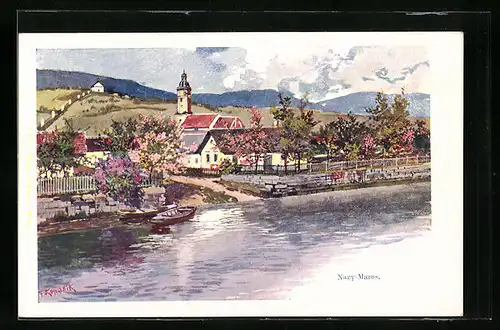 Künstler-AK Franz Kopallik: Nagy-Maros, Uferpartie mit Kirche