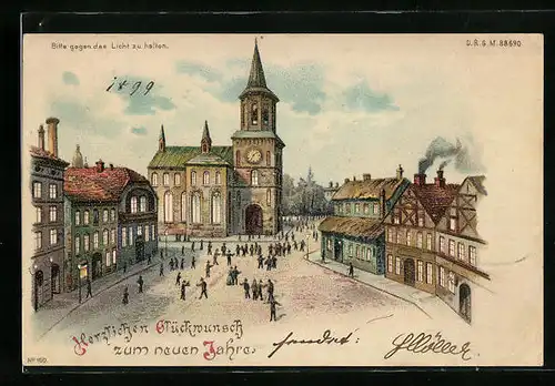 Lithographie Marktplatz mit Fachwerkhäusern und Kirche, Neujahrsgruss, Halt gegen das Licht