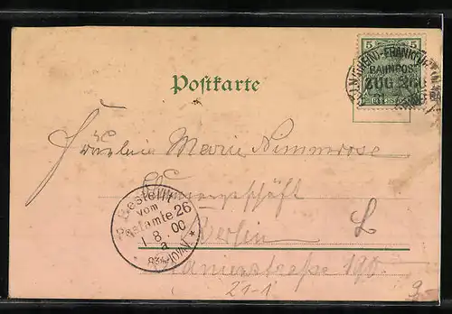 Lithographie Mainz, Panorama der Stadt mit Brücke und Rheindampfern