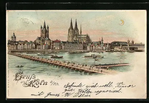 Lithographie Köln a. Rh., Panorama der Stadt mit Rheinbrücke, Bahnhof und Dom