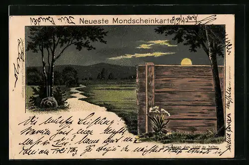 Mondschein-Lithographie Weg und Bretterzaun mit Blick auf Gebirge, Halt gegen das Licht