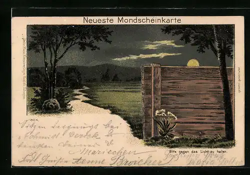 Mondschein-Lithographie Weg mit Gebirgskette von einem Zaundurchgang aus, Halt gegen das Licht