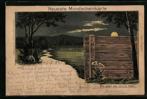 Mondschein-Lithographie Weg in einer Landschaft mit Blick auf Bergkette, Halt gegen das Licht