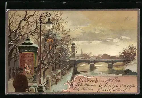 Künstler-AK Theodor Guggenberger: Wintergrüsse, Flusspromenade mit Litfasssäule und Brücke