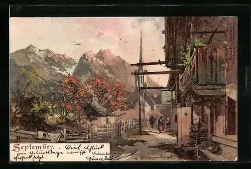 Künstler-AK Theodor Guggenberger: September - Strassenpartie mit Bergblick