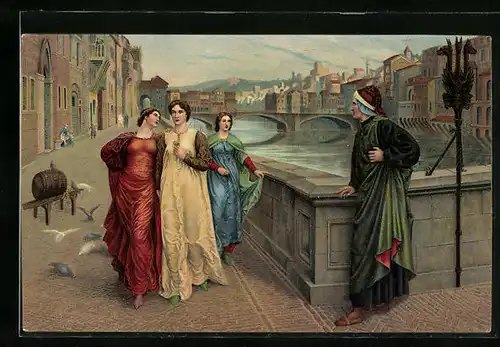 Künstler-AK Florenz, Dante und Beatrice treffen sich bei einem Spaziergang am Arno