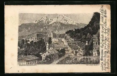 Künstler-AK Carl Jander: Berchtesgaden, Teilansicht vor Alpenpanorama