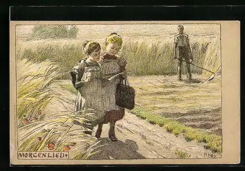 Künstler-Lithographie Paul Hey: Morgenlied - Zwei Mädchen auf dem Schulweg