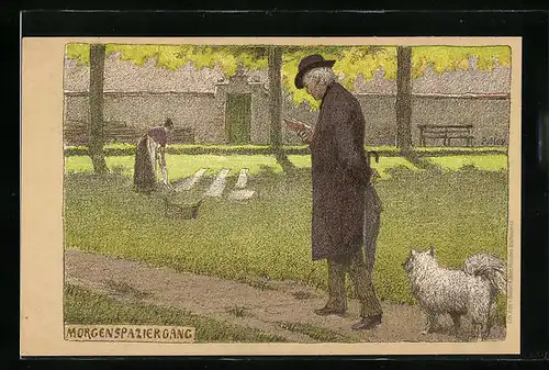 Künstler-Lithographie Paul Hey: Lesender mit Hund beim Morgenspaziergang