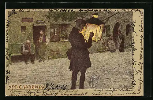 Künstler-Lithographie Paul Hey: Strassenpartie mit Entzünden der Laterne zum Feierabend