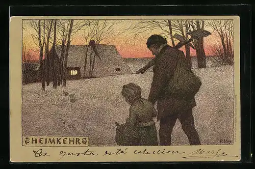 Künstler-Lithographie Paul Hey: Heimkehr eines Vaters mit seiner kleinen Tochter