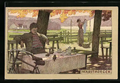 Künstler-Lithographie Paul Hey: Sonnengenuss und Aufhängen der Wäsche an einem Herbstmorgen
