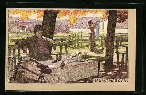 Künstler-Lithographie Paul Hey: Sonniger Herbstmorgen