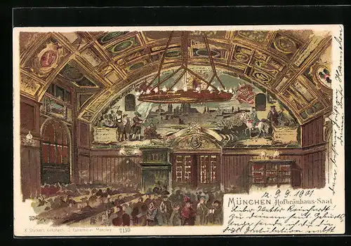 Künstler-AK Theodor Guggenberger: München, Innenansicht des Münchner Hofbräuhauses