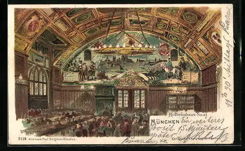 Künstler-AK Theodor Guggenberger: München, Innenansicht des Münchner Hofbräuhauses