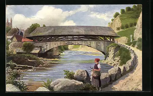 Künstler-AK Heinrich Hoffmann: Alte Brücke in Forbach