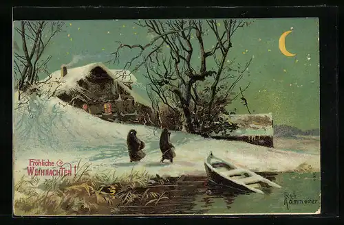 Künstler-AK Robert Kämmerer: Weihnachtsgrüsse, Uferpartie mit Bauernhäusern im Winter