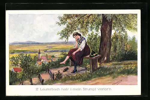 Künstler-AK Friedrich Kaskeline: Z` Lauterbach hab` i mein Strumpf verlor`n