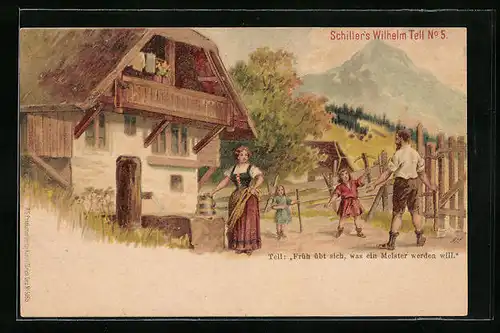 Lithographie Schiller`s Wilhelm Tell Nr. 5: Früh übt sich was ein Meister werden will.