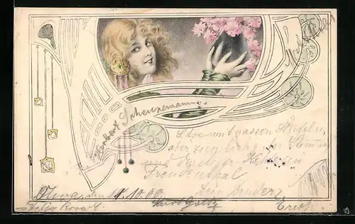 Künstler-AK Blonde Schönheit mit Blumenvase im Jugendstil
