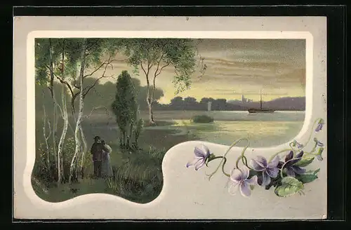 Künstler-AK Zweisamkeit im Birkenwald, Veilchen im Jugendstil