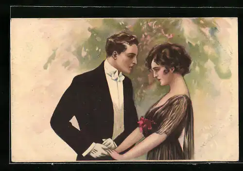 Künstler-AK Zweisamkeit eines adrett gekleideten Liebespaares, Art Deco