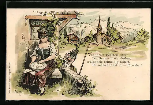 Künstler-AK Junge Dame und Voyeur mit Monokel