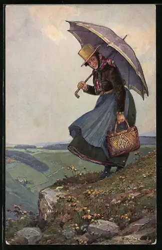 Künstler-AK Fritz Reiss: Schwarzwälder Leben, Frau mit Schirm auf einem Berg