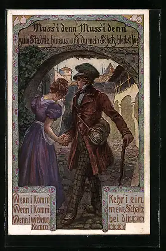 AK Volksliederkarte: Muss i denn Muss i denn..., Mann hält Hand von Frau