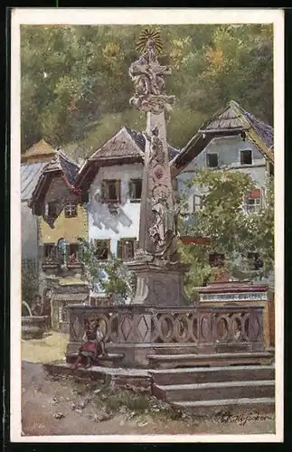Künstler-AK E.F. Hofecker: Halstatt, Marktplatz mit Denkmal
