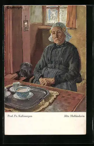 Künstler-AK Friedrich Kallmorgen: Alte Holländerin am Teetisch