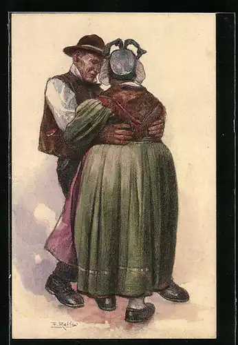 Künstler-AK Fritz Reiss: Schwarzwälder Tanz - Älteres tanzendes Paar in Tracht