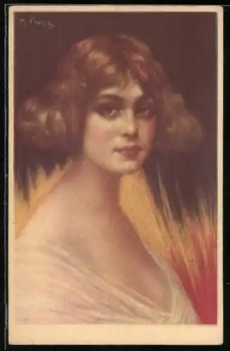 Künstler-AK Junge Frau mit Ponyfrisur und tiefem Ausschnitt vor flammendem Hintergrund