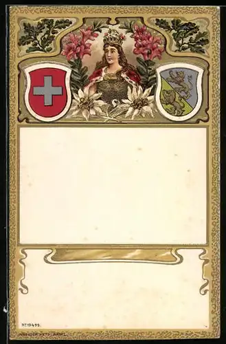 Präge-AK Zwei Wappen mit Schweizer Kreuz und Löwen, Gekrönte Figur mit Edelweiss und Eichenblättern