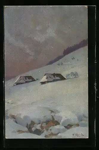 Künstler-AK Fritz Reiss: Winter im Schwarzwald - Zwei im Schnee begrabene Häuser in der Abenddämmerung