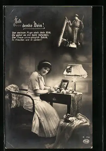 AK Ich denke Dein! Vor meinem Auge steht dein Bild, Dame denkt an ihren Liebsten, der in den Krieg gezogen ist