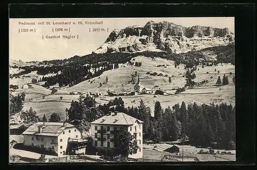 AK Pedraces, Ortsansicht mit St. Leonhard und Kreuzkofl