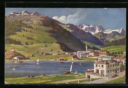 Künstler-AK Resia al Lago /Bolzano, Hotel al Lago di Resia aus der Vogelschau